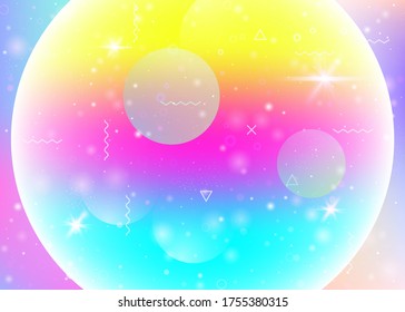 Future landscape with holographic cosmos and abstract universe background. Futuristic gradient and shape. Cute mountain silhouette with wavy glitch. 3d fluid. Memphis future landscape.