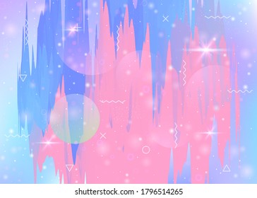 Future landscape with holographic cosmos and abstract universe background. Cute mountain silhouette with wavy glitch. 3d fluid. Futuristic gradient and shape. Memphis future landscape.
