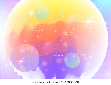 Future landscape with holographic cosmos and abstract universe background. Futuristic gradient and shape. 3d fluid. Stylish mountain silhouette with wavy glitch. Memphis future landscape.