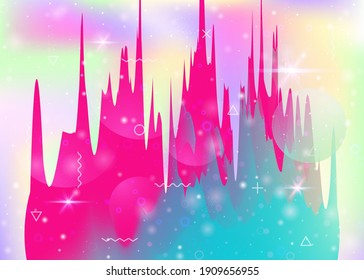 Future landscape with holographic cosmos and abstract universe background. 3d fluid. Futuristic gradient and shape. Rainbow mountain silhouette with wavy glitch. Memphis future landscape.
