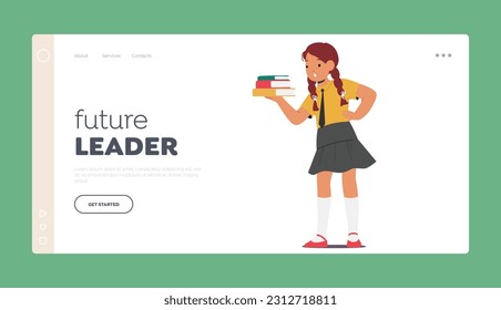 Future Leader Landing Page Template. Diligent Schoolgirl Character Holding Books with Astonished Expression on her Face, Represents Knowledge, And Education Pursuit. Cartoon People Vector Illustration