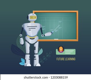 Future learning. Electronic mechanical robot near school blackboard, robot explains learning materials, conducts lectures, seminar. Work of system artificial intelligence. Vector illustration.