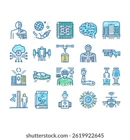 Future Life Devices Collection doodle icons set vector. Flying City Car, Human Fly Gadget Drone Wifi, Ai Brain Chip, Robot Teleport sketch hand drawn