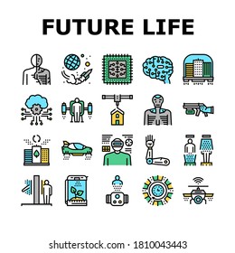 Iconos de colección de dispositivos de vida futura Set Vector. Ciudad Volante Y Coche, Gadget Humano Y Drone Wifi, Ai Cerebro Y Chip, Robot Y Teleport Ilustraciones De Color