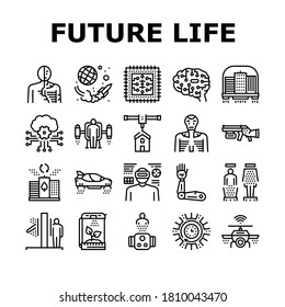 Future Life Devices Collection Icons Set Vector. Flying City And Car, Human Fly Gadget And Drone Wifi, Ai Brain And Chip, Robot And Teleport Black Contour Illustrations