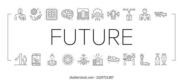 Future Life Devices Collection Icons Set Vector. Flying City And Car, Human Fly Gadget And Drone Wifi, Ai Brain And Chip, Robot And Teleport Black Contour Illustrations