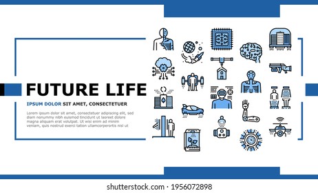Dispositivos de vida futura que desembarcan vectores de plantilla de encabezado de página web. Ciudad Volante Y Coche, Gadget Humano Y Wifi Drone, Ai Cerebro Y Chip, Robot E Ilustración Teleport