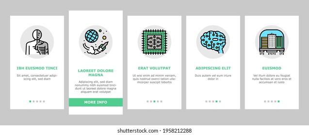Future Life Devices Onboarding Mobile App Page Screen Vector. Flying City And Car, Human Fly Gadget And Drone Wifi, Ai Brain And Chip, Robot And Teleport Illustrations