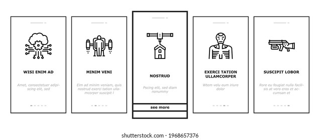 Future Life Devices Onboarding Mobile App Page Screen Vector. Flying City And Car, Human Fly Gadget And Drone Wifi, Ai Brain And Chip, Robot And Teleport Illustrations