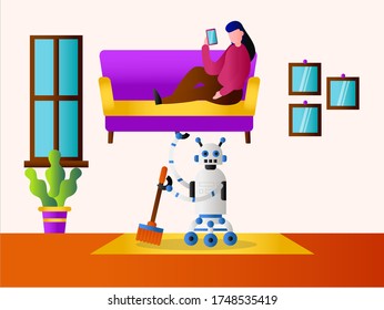 Future lifestyle vector concept: robot sweeping and lifting the sofa with a woman relaxing and using her smartphone