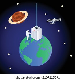 Future lift taking astronaut to space isometric 3d vector concept for banner, website, illustration, landing page, flyer, etc.