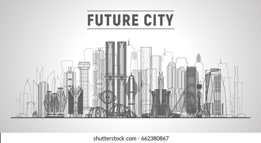 Future Line City Landscape. Urban Skyline Concept Modern Architecture. Image For Presentation, Banner, Web Site.