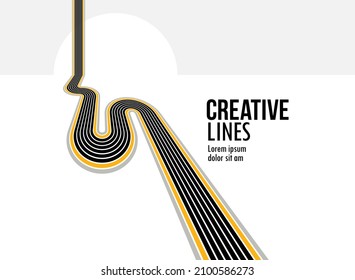 Future lines in 3D perspective vector abstract background, black and yellow linear composition, road to horizon and sky concept, optical illusion op art.