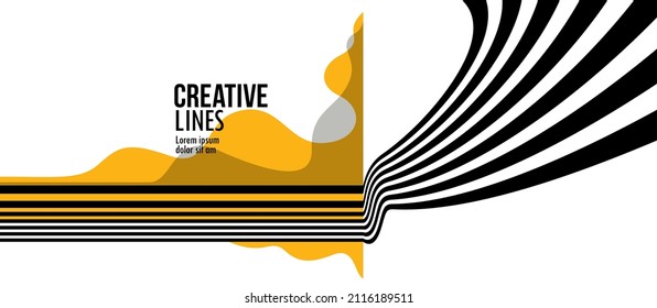 Future lines in 3D perspective vector abstract background, black and yellow linear composition, optical illusion op art.