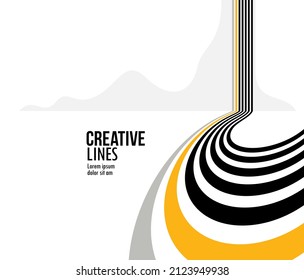 Future lines in 3D perspective vector abstract background, black and yellow linear composition, road to horizon and sky concept, optical illusion op art.