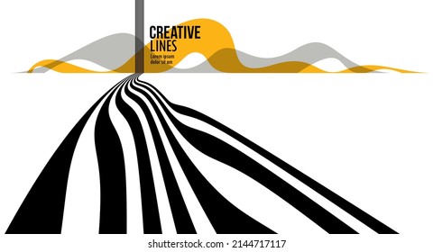 Future lines in 3D perspective vector abstract background, black and yellow linear composition, road to horizon and sky concept, optical illusion op art.