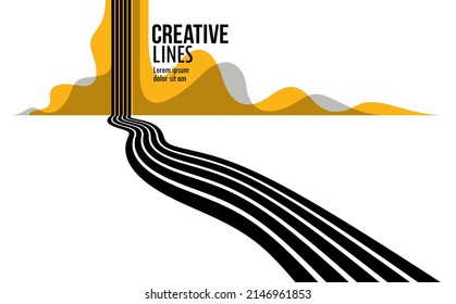 Future lines in 3D perspective vector abstract background, black and yellow linear composition, road to horizon and sky concept, optical illusion op art.