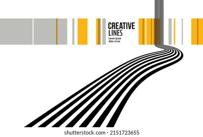 Future lines in 3D perspective vector abstract background, black and yellow linear composition, road to horizon and sky concept, optical illusion op art.