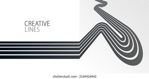 Future lines in 3D perspective vector abstract background, black and white linear composition, optical illusion op art.