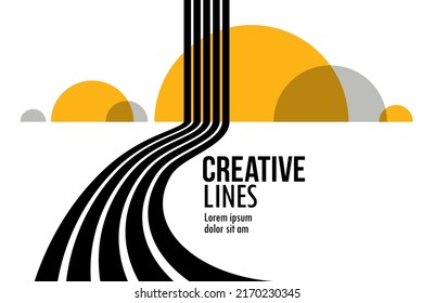 Future lines in 3D perspective vector abstract background, black and yellow linear composition, road to horizon and sky concept, optical illusion op art.