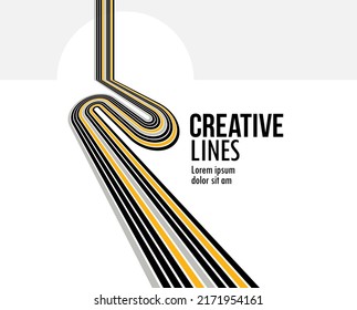 Future lines in 3D perspective vector abstract background, black and yellow linear composition, road to horizon and sky concept, optical illusion op art.