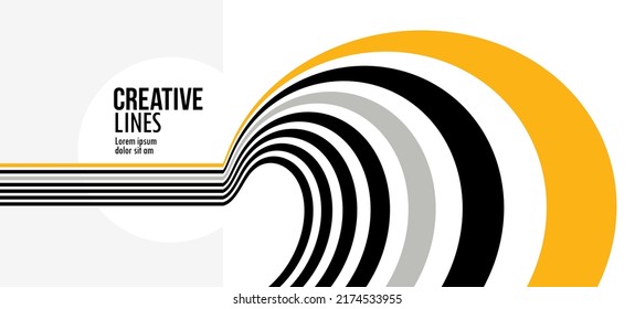 Future Lines In 3D Perspective Vector Abstract Background, Black And Yellow Linear Composition, Optical Illusion Op Art.