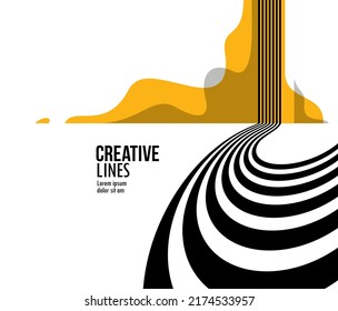 Future lines in 3D perspective vector abstract background, black and yellow linear composition, road to horizon and sky concept, optical illusion op art.