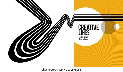 Future lines in 3D perspective vector abstract background, black and yellow linear composition, optical illusion op art.