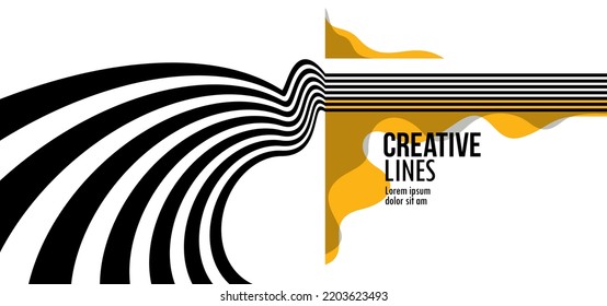 Future lines in 3D perspective vector abstract background, black and yellow linear composition, optical illusion op art.