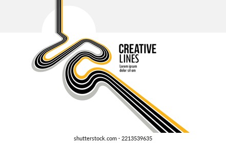 Future lines in 3D perspective vector abstract background, black and yellow linear composition, road to horizon and sky concept, optical illusion op art.