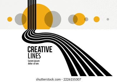 Future lines in 3D perspective vector abstract background, black and yellow linear composition, road to horizon and sky concept, optical illusion op art.