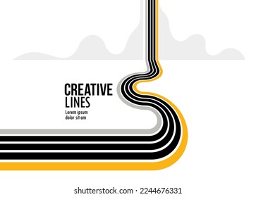 Future lines in 3D perspective vector abstract background, black and yellow linear composition, road to horizon and sky concept, optical illusion op art.