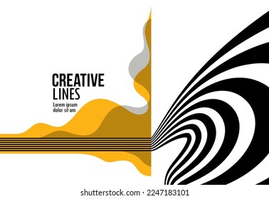 Future lines in 3D perspective vector abstract background, black and yellow linear composition, optical illusion op art.