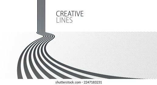 Future lines in 3D perspective vector abstract background, black and white linear composition, road to horizon and sky concept, optical illusion op art.