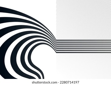 Future lines in 3D perspective vector abstract background, black and white linear composition, optical illusion op art.