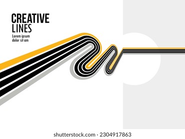 Future lines in 3D perspective vector abstract background, black and yellow linear composition, optical illusion op art.
