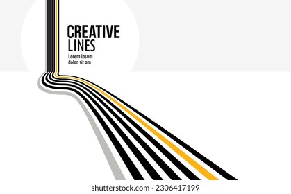 Future lines in 3D perspective vector abstract background, black and yellow linear composition, road to horizon and sky concept, optical illusion op art.