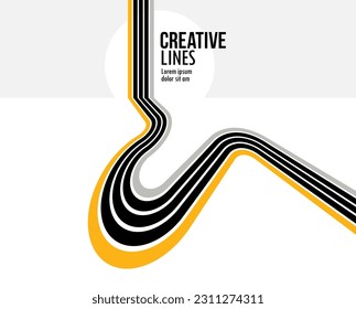 Future lines in 3D perspective vector abstract background, black and yellow linear composition, road to horizon and sky concept, optical illusion op art.