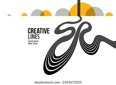 Future lines in 3D perspective vector abstract background, black and yellow linear composition, road to horizon and sky concept, optical illusion op art.