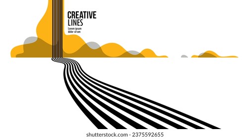 Future lines in 3D perspective vector abstract background, black and yellow linear composition, road to horizon and sky concept, optical illusion op art.