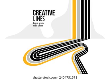 Future lines in 3D perspective vector abstract background, black and yellow linear composition, road to horizon and sky concept, optical illusion op art.