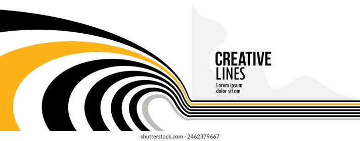 Future lines in 3D perspective vector abstract background, black and yellow linear composition, optical illusion op art.