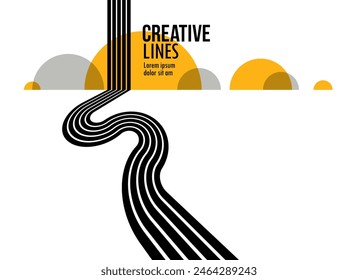 Future lines in 3D perspective vector abstract background, black and yellow linear composition, road to horizon and sky concept, optical illusion op art.