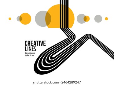 Future lines in 3D perspective vector abstract background, black and yellow linear composition, road to horizon and sky concept, optical illusion op art.