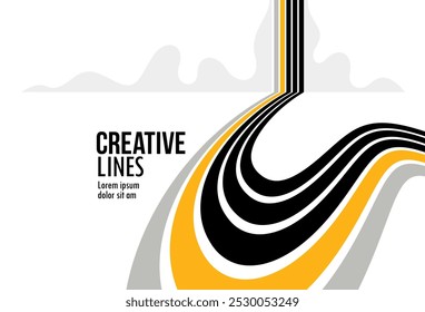 Future lines in 3D perspective vector abstract background, black and yellow linear composition, road to horizon and sky concept, optical illusion op art.