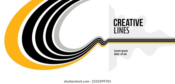 Future lines in 3D perspective vector abstract background, black and yellow linear composition, optical illusion op art.