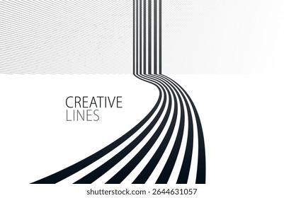Future lines in 3D perspective vector abstract background, black and white linear composition, road to horizon and sky concept, optical illusion op art.