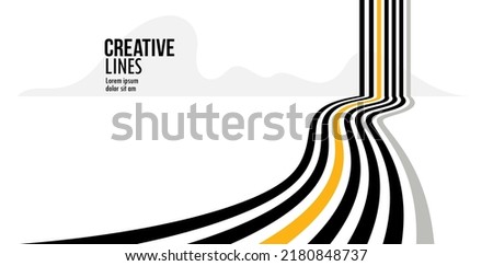 Future lines in 3D perspective vector abstract background, black and yellow linear composition, road to horizon and sky concept, optical illusion op art.