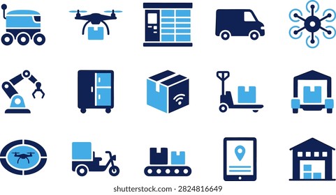 Future logistics and autonomous delivery technology icons. Flat vector icons illustrating modern shipping methods including drones, delivery robots, and automated warehouse systems in blue shades. Perfect for supply chain and tech infographics.