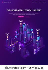 Futuro del banner de la industria logística. Tecnología de envío autónoma. Ilustración vectorial isométrica de la ciudad inteligente con cajas de cartón de entrega de drones, control remoto de robots